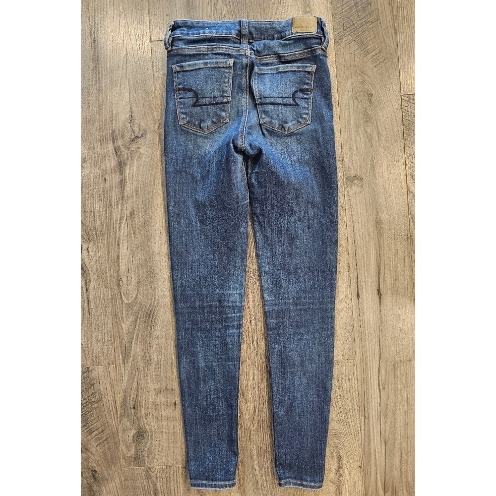 Women's‎ sz 4 Long American Eagle Blue Skinny Jeans Fading Tapered Fit Classic